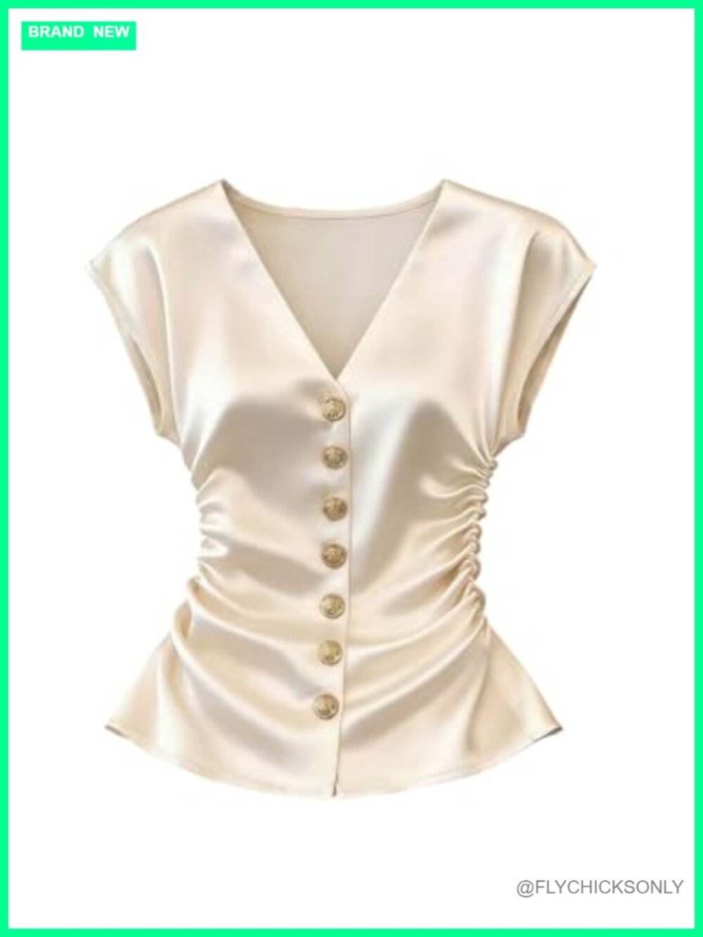 Cap Sleeve Satin Blouse Button Down Ruched Cinched Waist V Neck